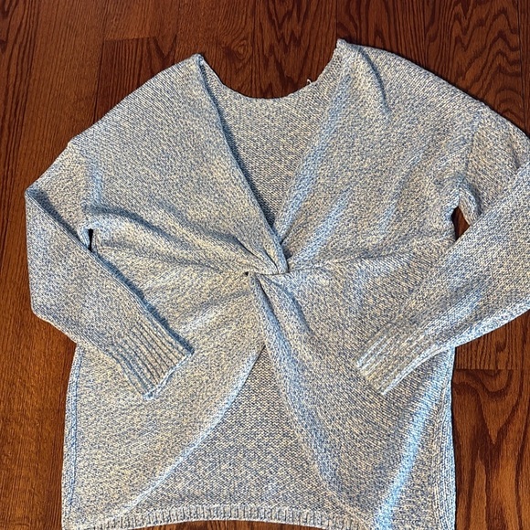 LOFT Blue white Knit sweater knot crop front layering  deep V relax L not heavy - Picture 13 of 13